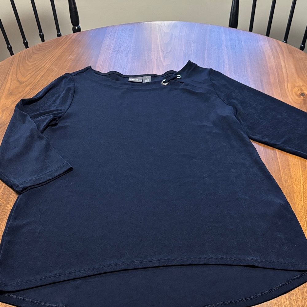 Classic Navy Long-Sleeve Scoop Neck Top with Grommet Accent. Originally 89.00